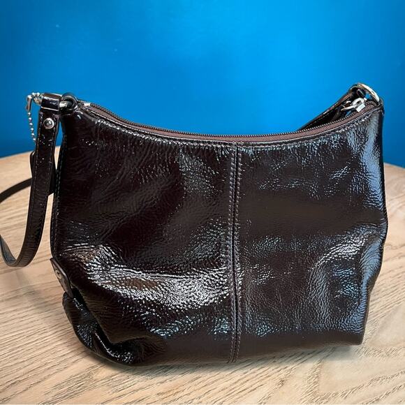 COACH Ashley Chocolate Brown Patent Leather Pebbled Small Crossbody Purse - Picture 3 of 11